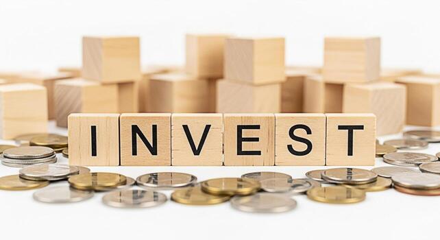 wood block spelled Invest with coins surround it